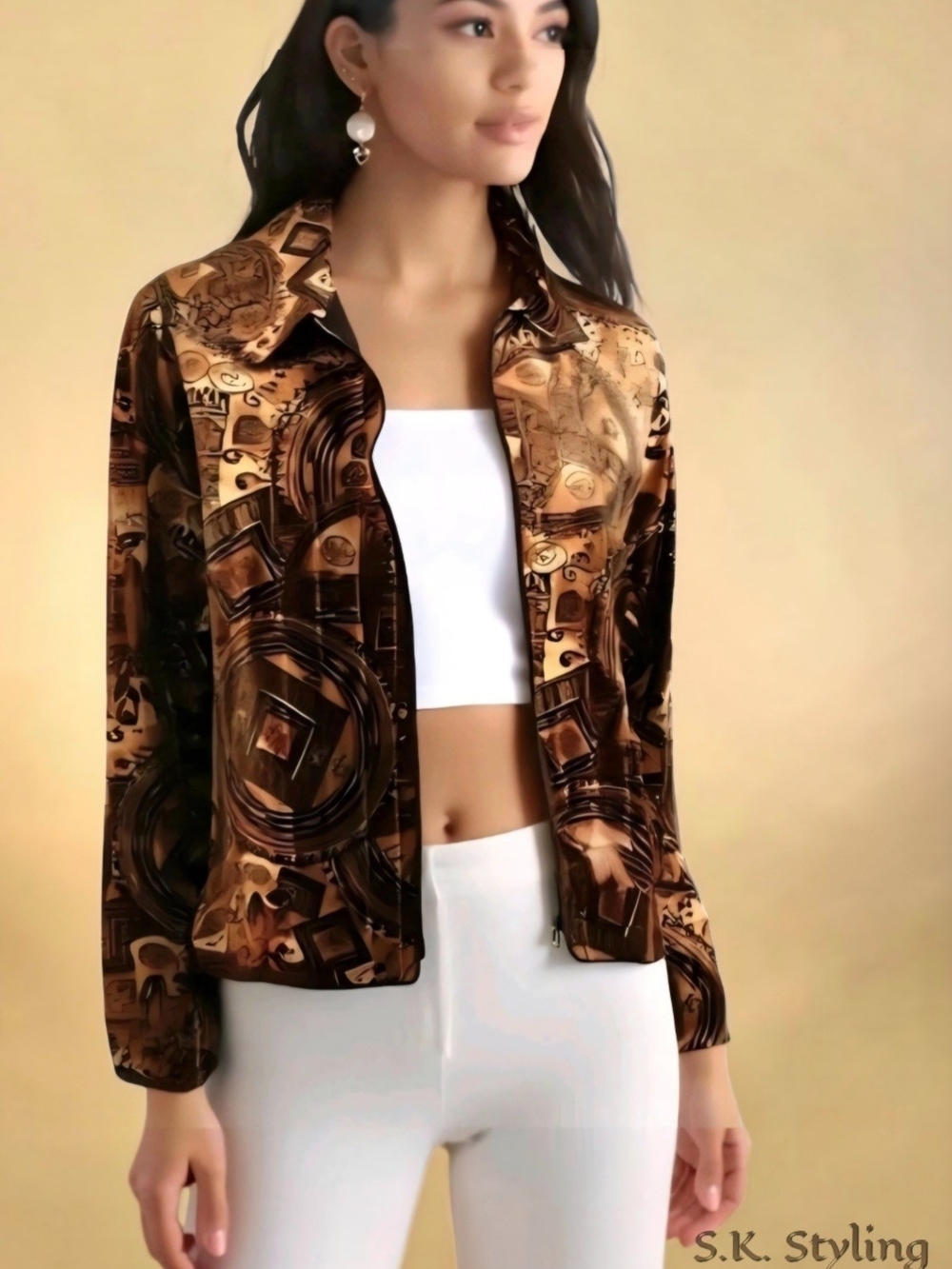 Vintage 90s Joseph Ribkoff Velvet Zip Up Jacket Sz 10 M Y2K Tribal Print Shimmer